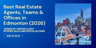 Hero banner announcing Edmonton's best real estate agents (2026) with bold white text on a blue gradient and a framed Edmonton skyline photo with a curved bridge on the right.
