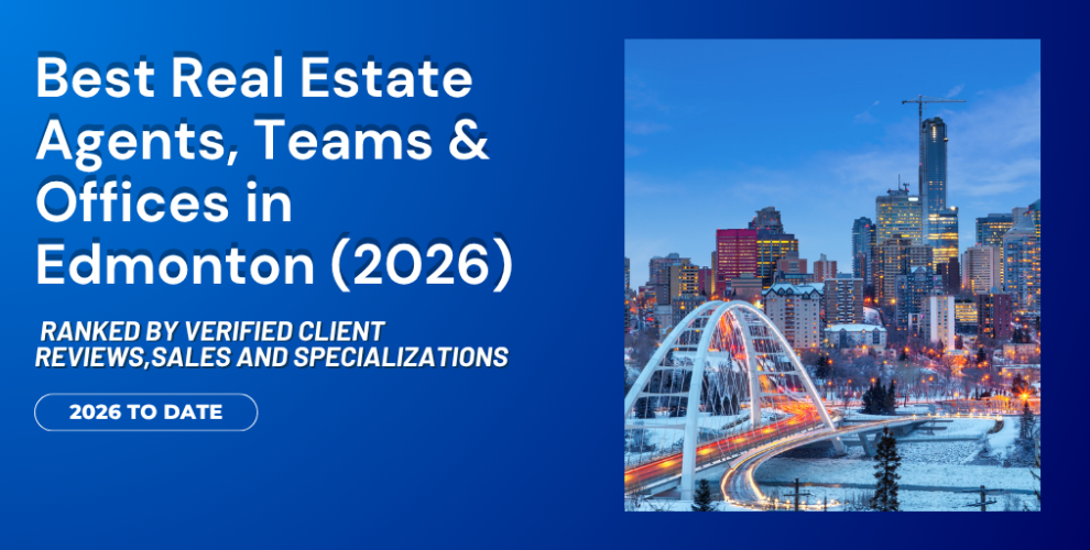 Hero banner announcing Edmonton's best real estate agents (2026) with bold white text on a blue gradient and a framed Edmonton skyline photo with a curved bridge on the right.