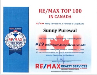 Ranked #19 in entire Canada from all RE/MAX agents 2018
