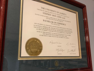 Bachelor of Commerce, with Distinction standing (University of Alberta degree granted to Stephen Lau)