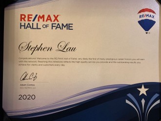 RE/MAX Hall of Fame award (2020). [notable, internationally-recognized high achievement career award issued by RE/MAX, LLC]